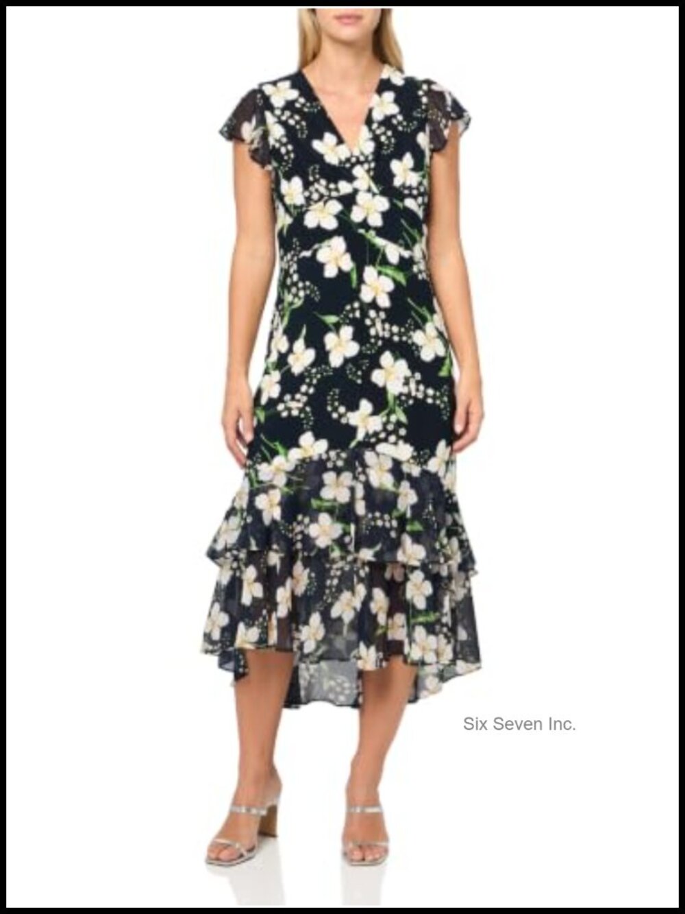Flutter Sleeve V-Neck Ruffle Trim Chiffon Hi Lo Dress